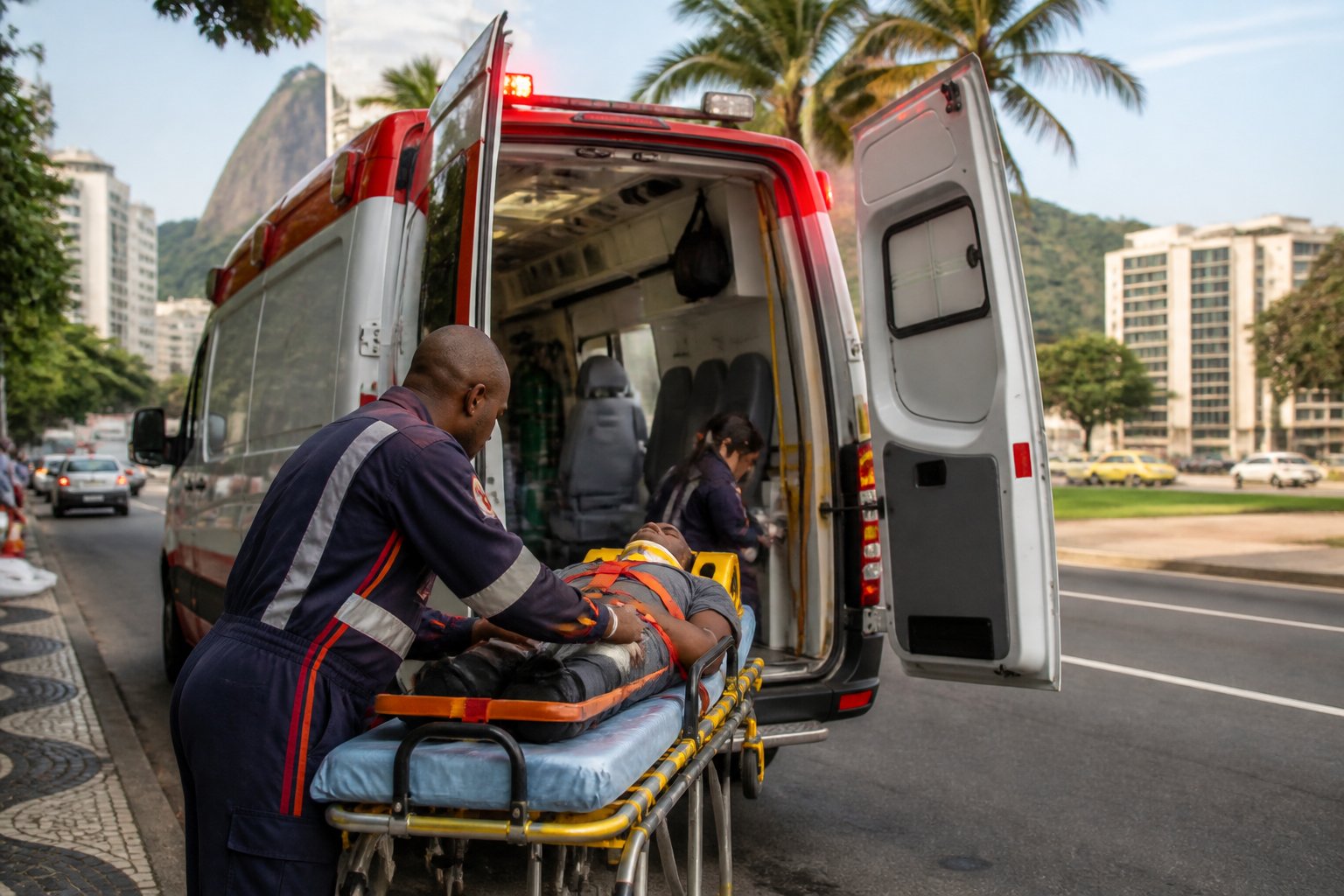Paramédico atendendo uma pessoa em uma maca ao lado de uma ambulância estacionada em uma rua da cidade no Brasil.
