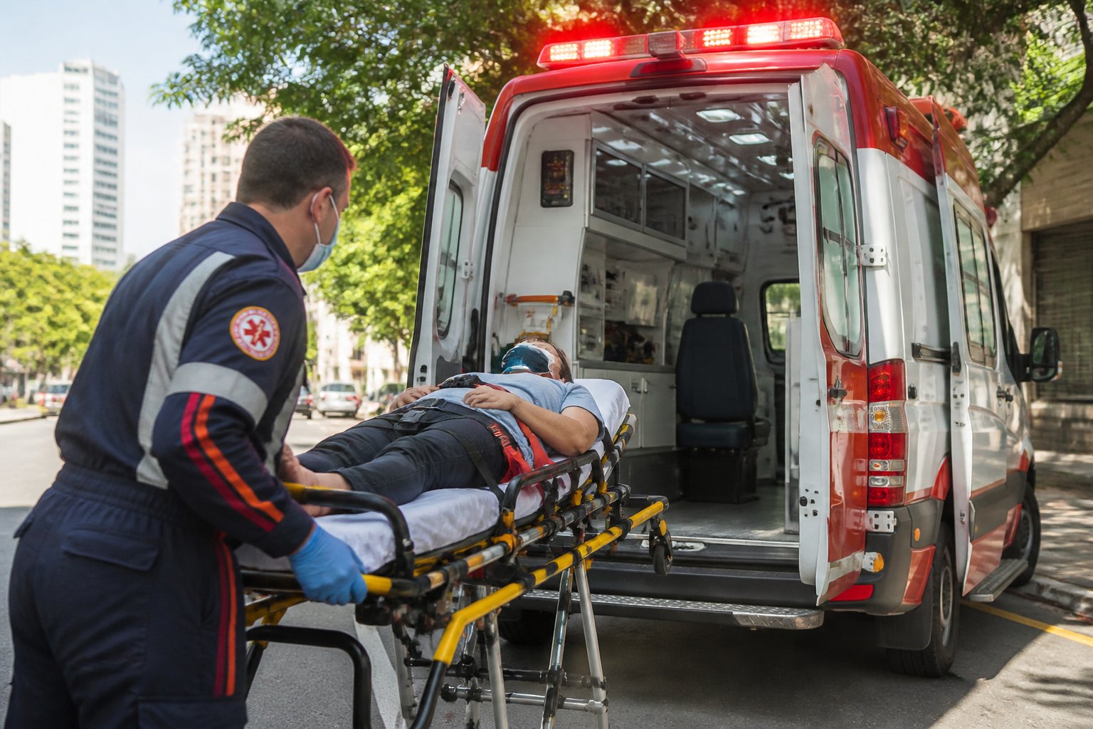 Ambulância do SAMU com paramédico atendendo uma pessoa em uma maca na rua da cidade.