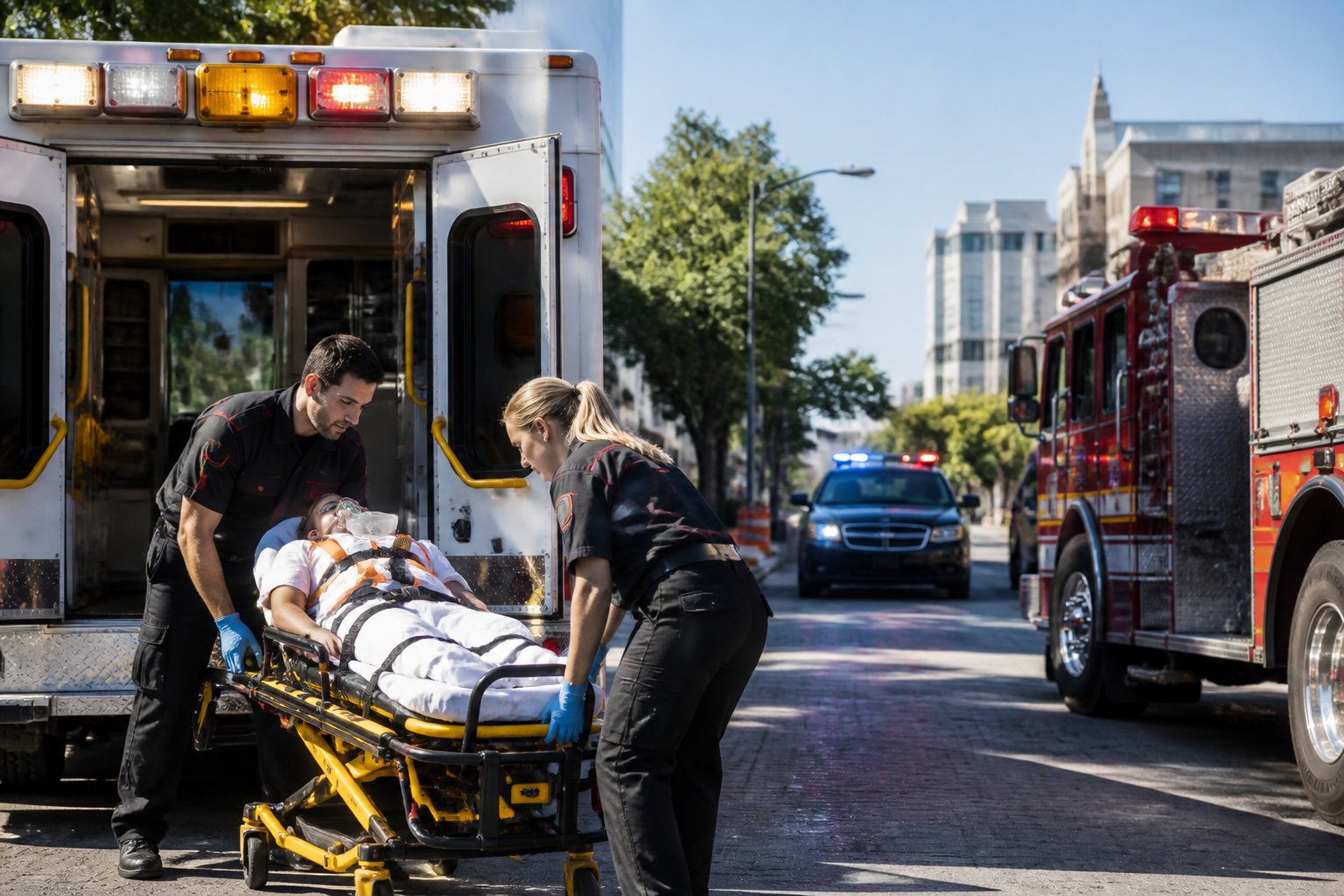 Serviço de Ambulancia: Como Escolher a Opção Adequada Para Emergências Médicas 4 Paramédicos atendendo um paciente próximo a uma ambulância com luzes piscando em uma rua da cidade durante o dia.