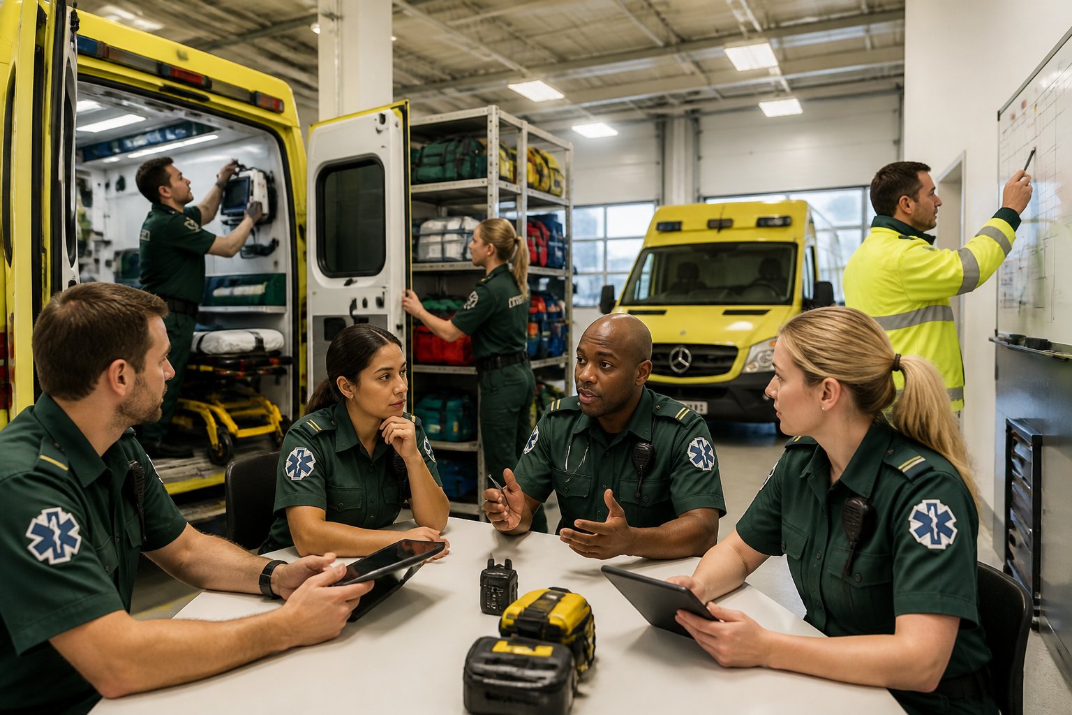 Serviço de Ambulancia: Como Escolher a Opção Adequada Para Emergências Médicas 5 Equipe de profissionais de serviço de ambulância trabalhando juntos em uma estação moderna, preparando equipamentos e discutindo planos de atendimento.
