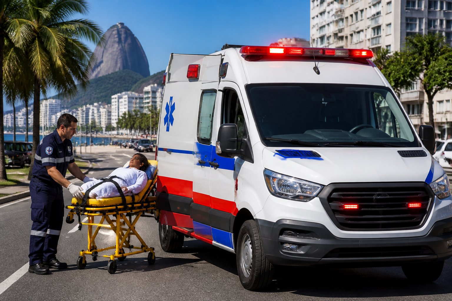 Ambulância particular branca estacionada em rua urbana do Rio de Janeiro com um paramédico atendendo um paciente em uma maca.