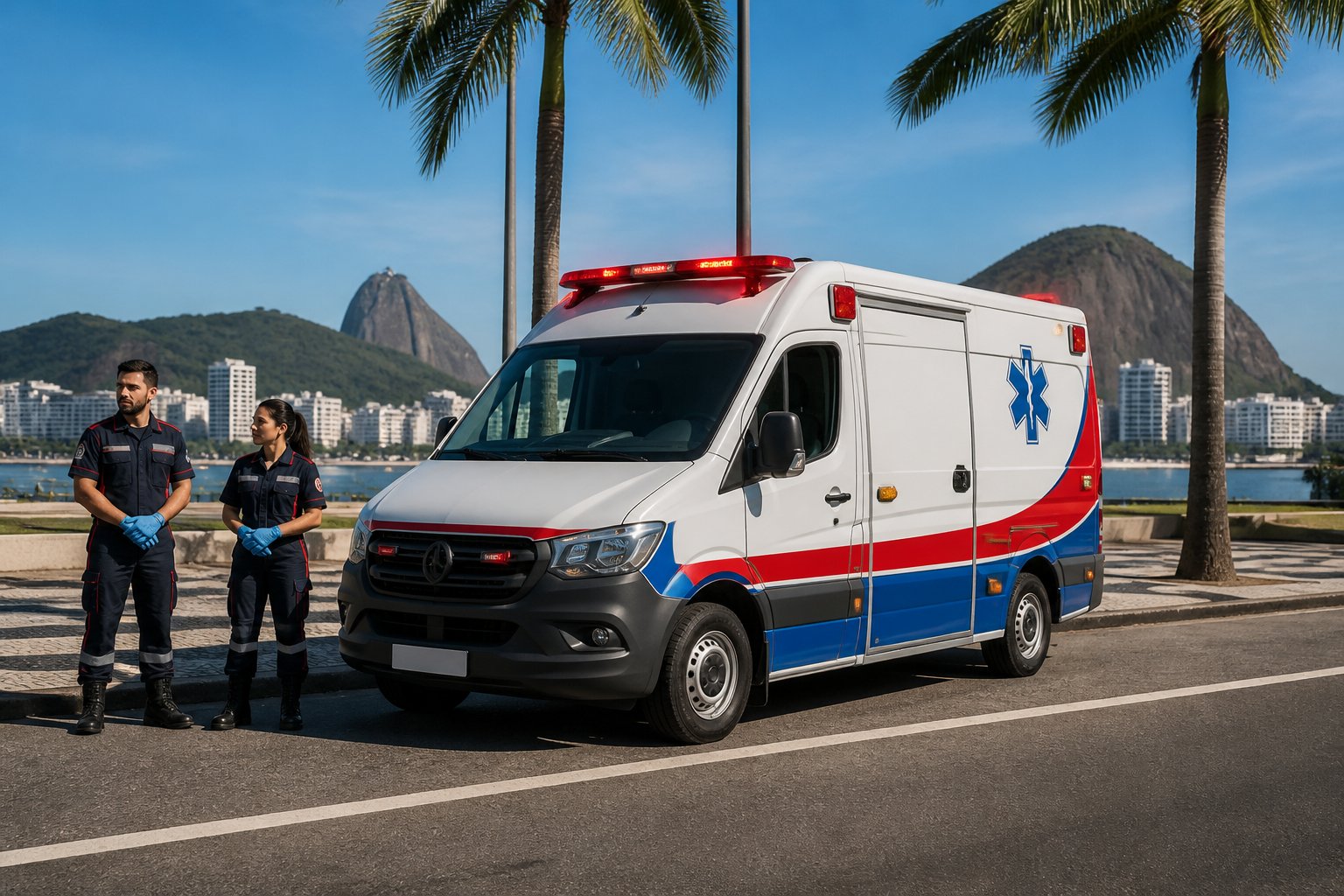 Ambulância particular branca estacionada em uma rua ensolarada do Rio de Janeiro, com paramédicos ao lado e árvores ao fundo.