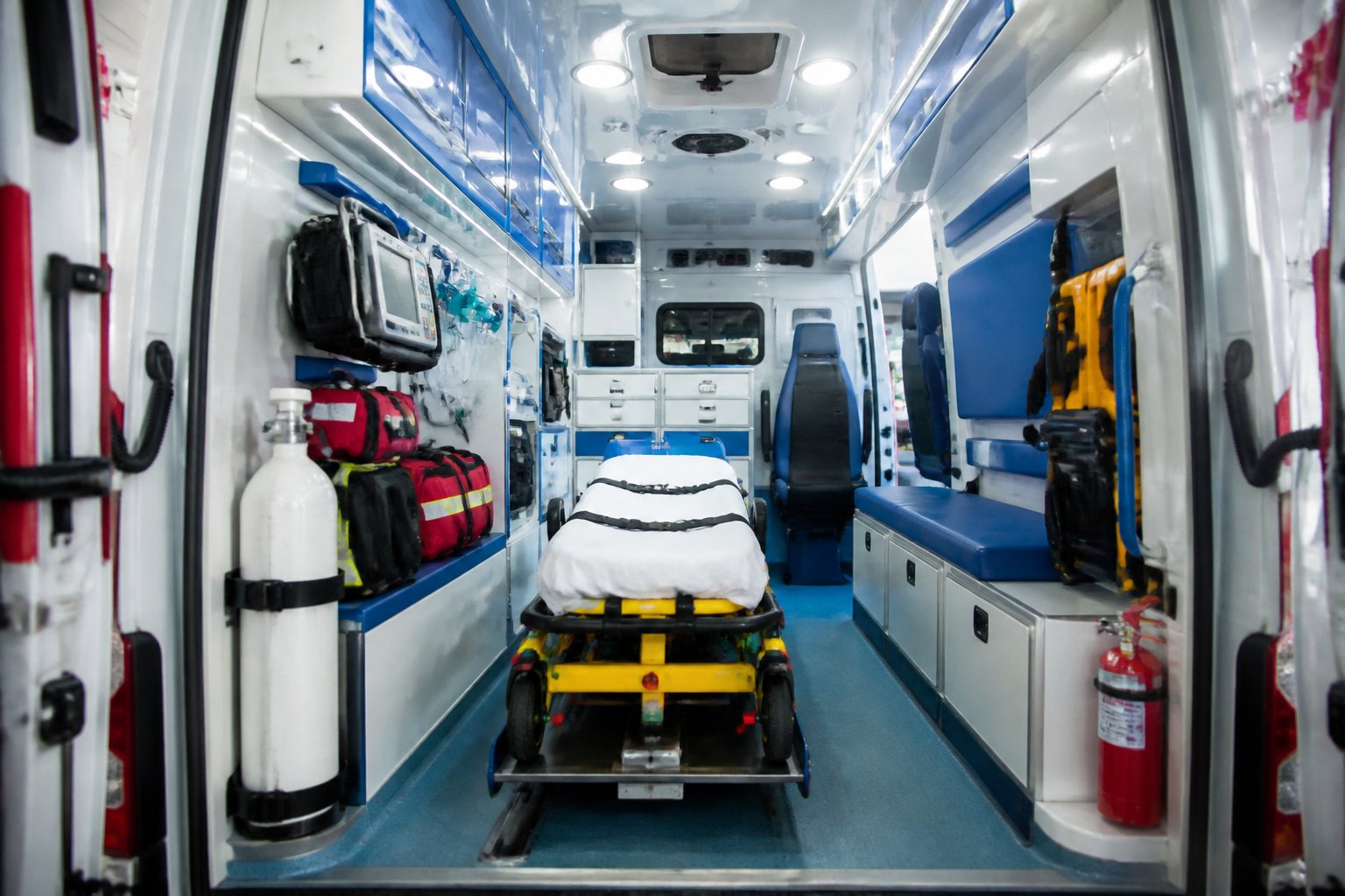 Interior de uma ambulância mostrando equipamentos médicos organizados e espaço para atendimento de emergência.