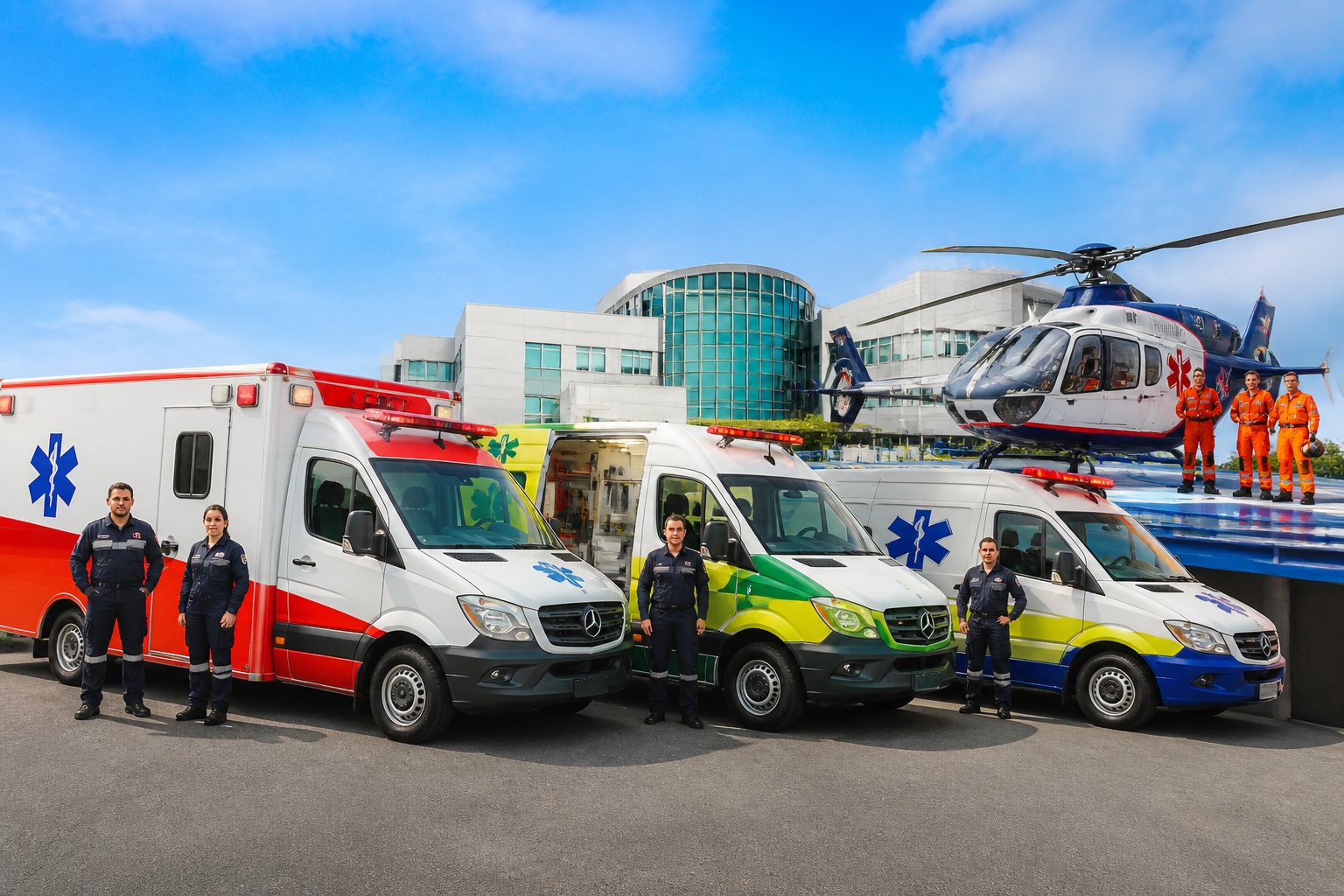 Vários tipos de ambulâncias brasileiras estacionadas em frente a um hospital, com profissionais de saúde ao redor.
