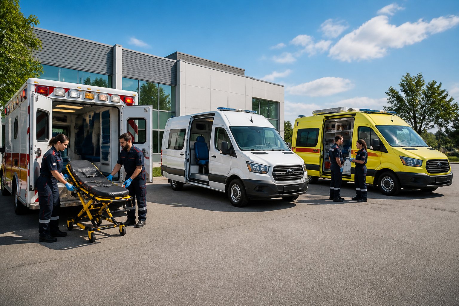 Vários tipos de ambulâncias alinhadas em frente a um hospital, com paramédicos ao redor preparando equipamentos.