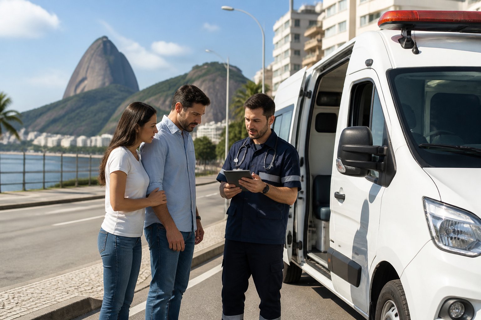 Ambulância particular estacionada em rua urbana do Rio de Janeiro com profissional de saúde ao lado segurando uma prancheta.