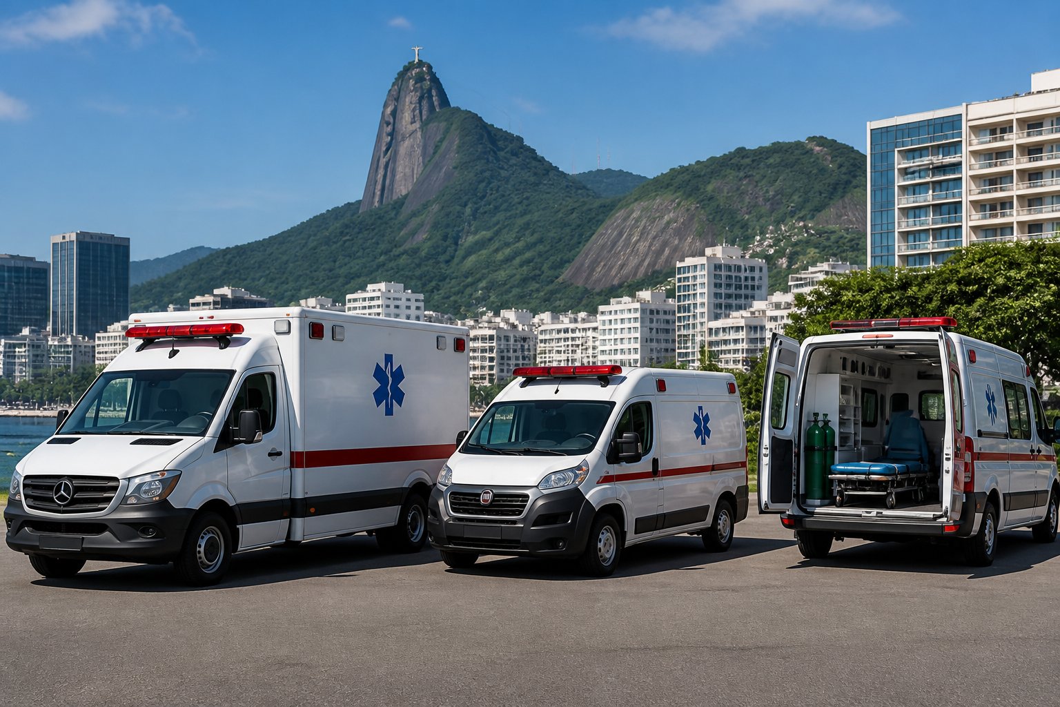 Vários tipos de ambulâncias estacionadas em uma área urbana de Rio de Janeiro, com montanhas e prédios ao fundo.