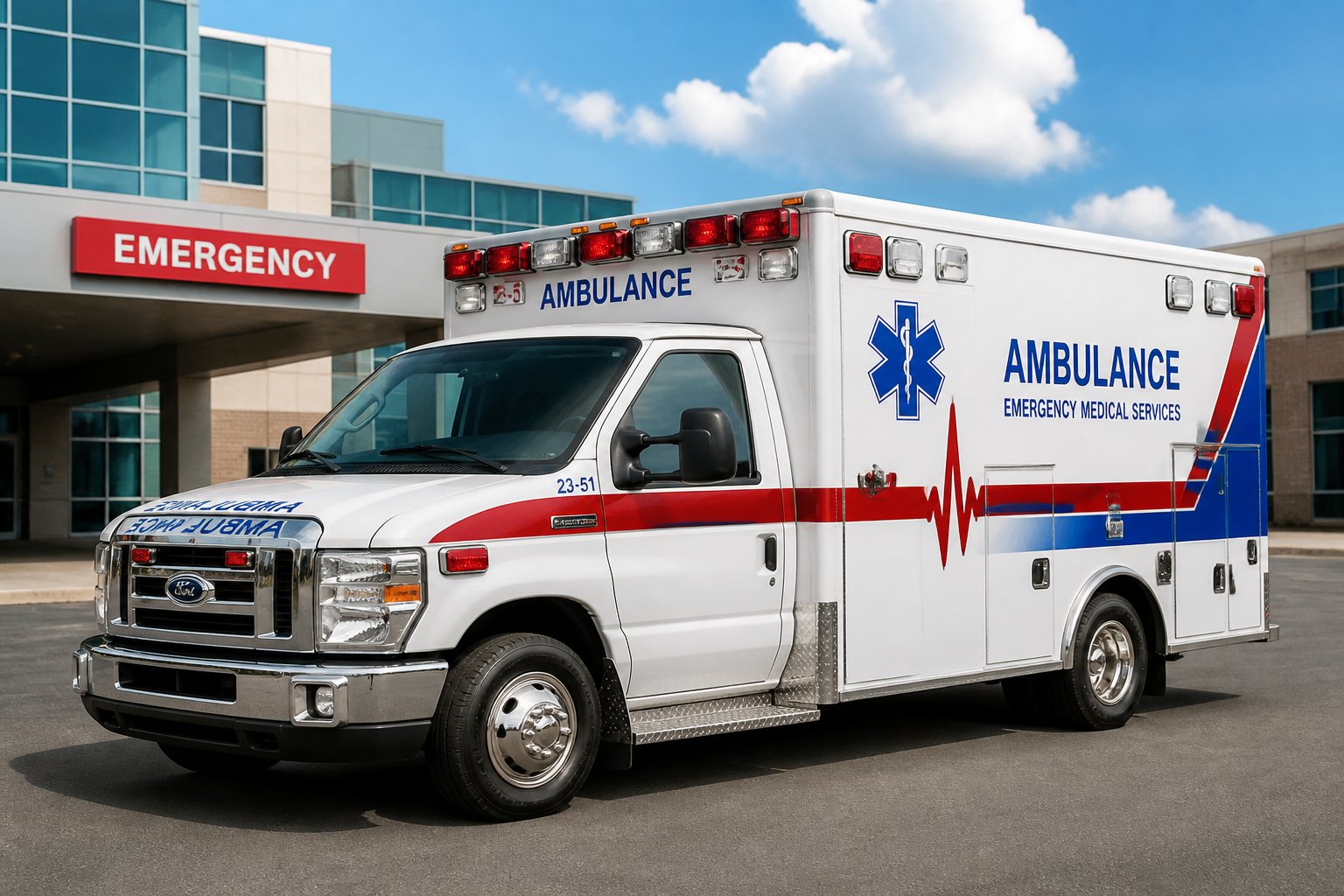 Ambulância branca com marcas vermelhas e azuis estacionada em ambiente urbano claro, pronta para atendimento de emergência.