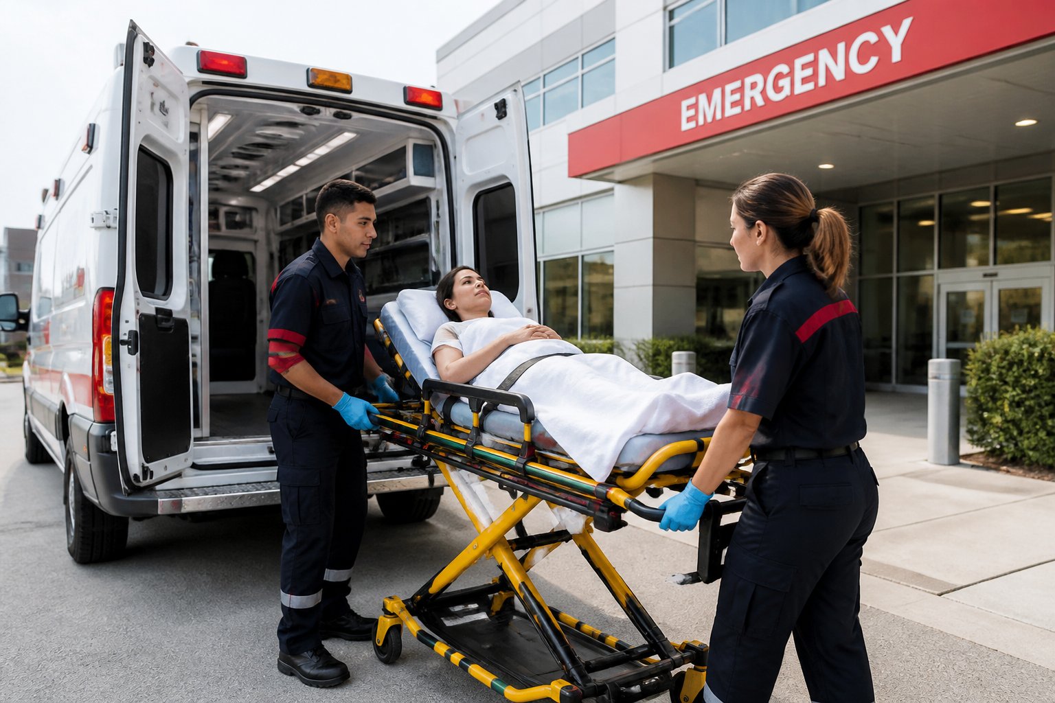 Ambulância particular estacionada em frente a um hospital com paramédicos atendendo um paciente em uma maca.