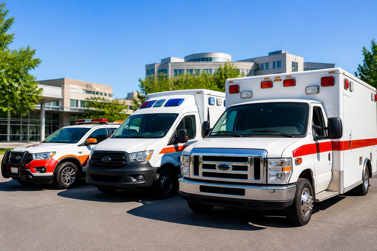 Vários tipos de ambulâncias particulares estacionadas ao ar livre em um ambiente urbano claro e organizado.