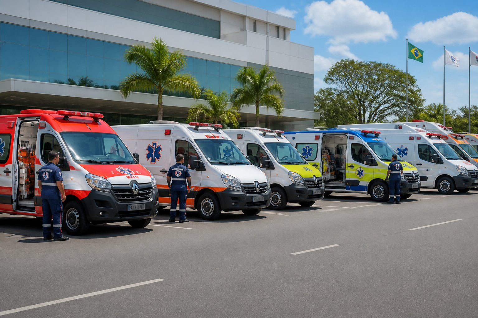 Frota de diferentes tipos de ambulâncias brasileiras estacionadas em frente a um hospital, com paramédicos uniformizados ao redor.