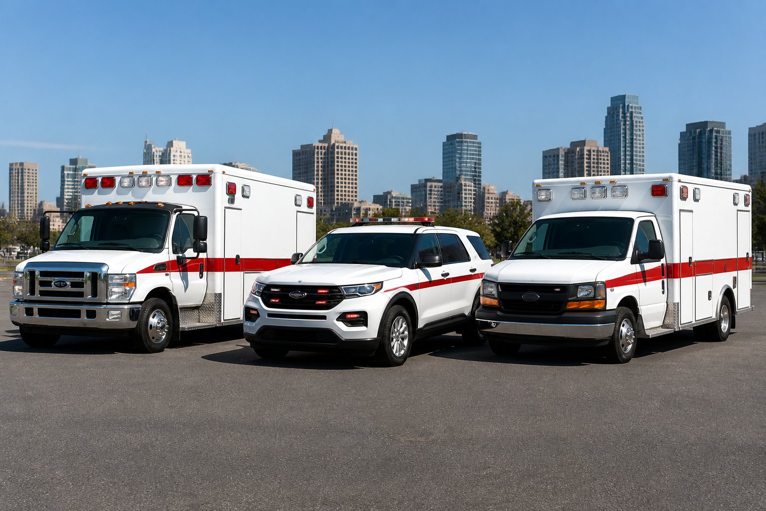 Vários tipos de ambulâncias alinhadas ao ar livre, mostrando diferentes modelos e equipamentos essenciais.
