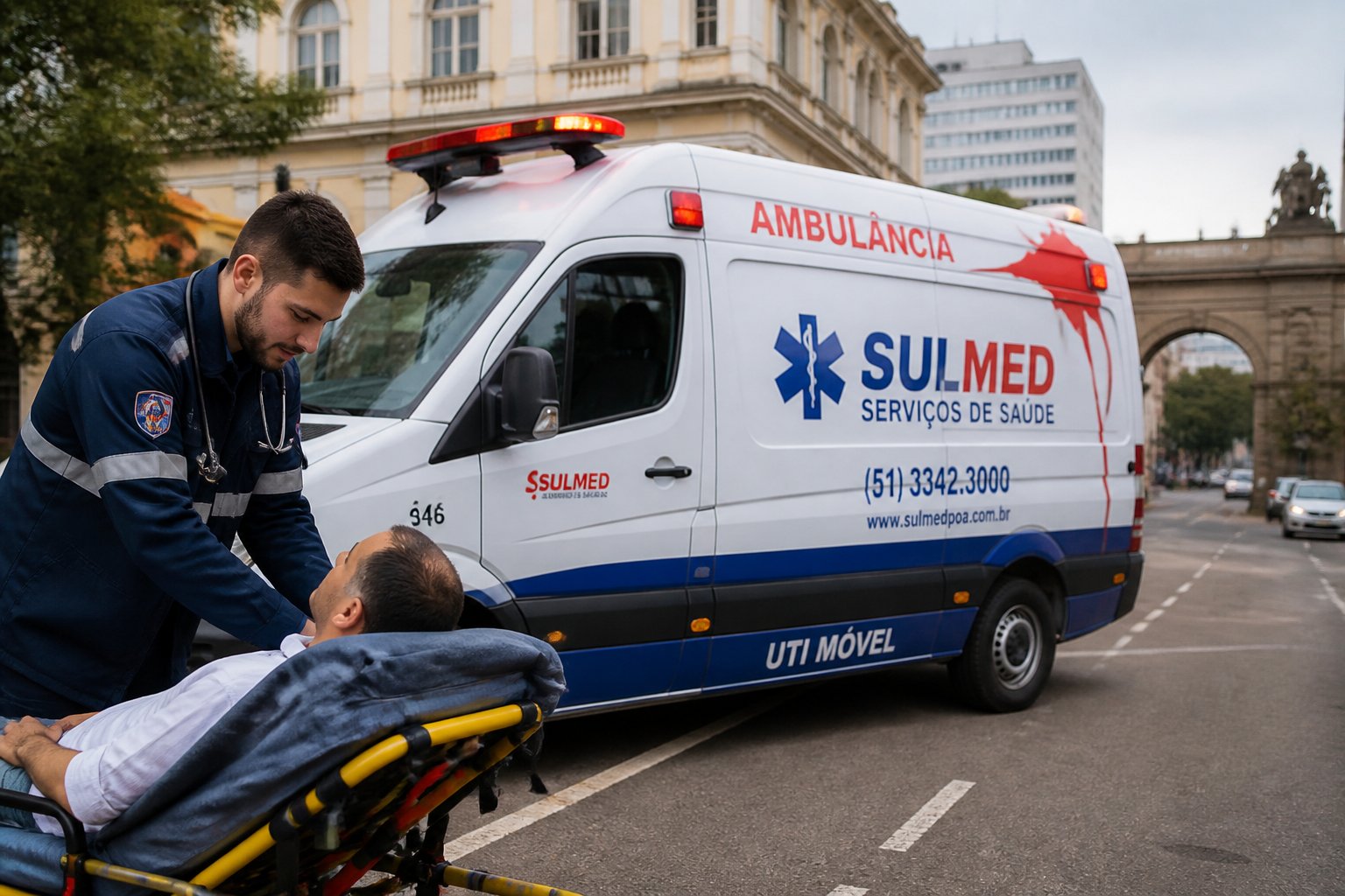 Uma ambulância particular estacionada em uma rua da cidade de Porto Alegre, com um profissional de saúde atendendo um paciente em uma maca.