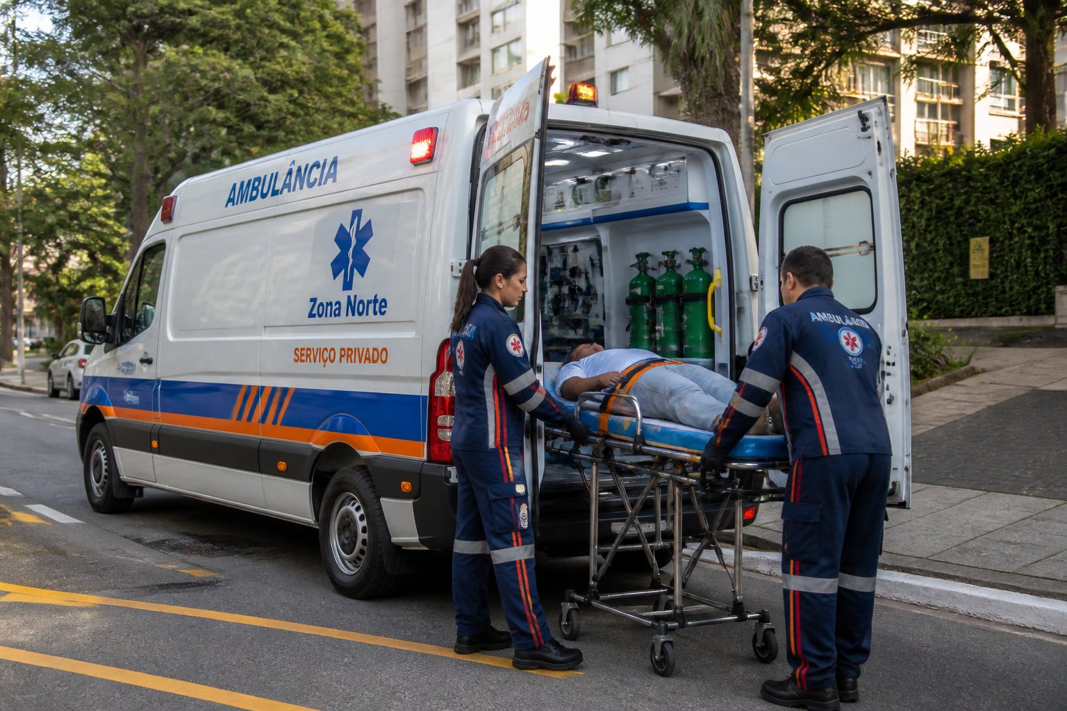 Uma ambulância particular moderna estacionada em uma rua da Zona Norte, com paramédicos cuidando de um paciente em uma maca.