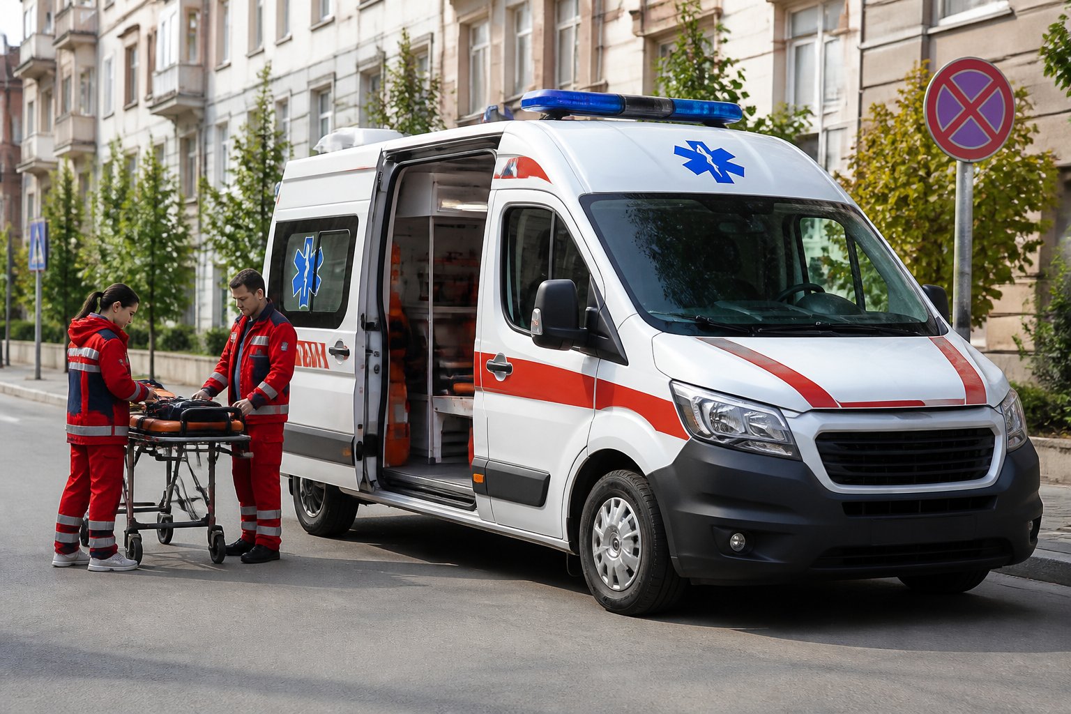 Uma ambulância particular estacionada em uma rua urbana com profissionais de saúde ao redor, prontos para atendimento.