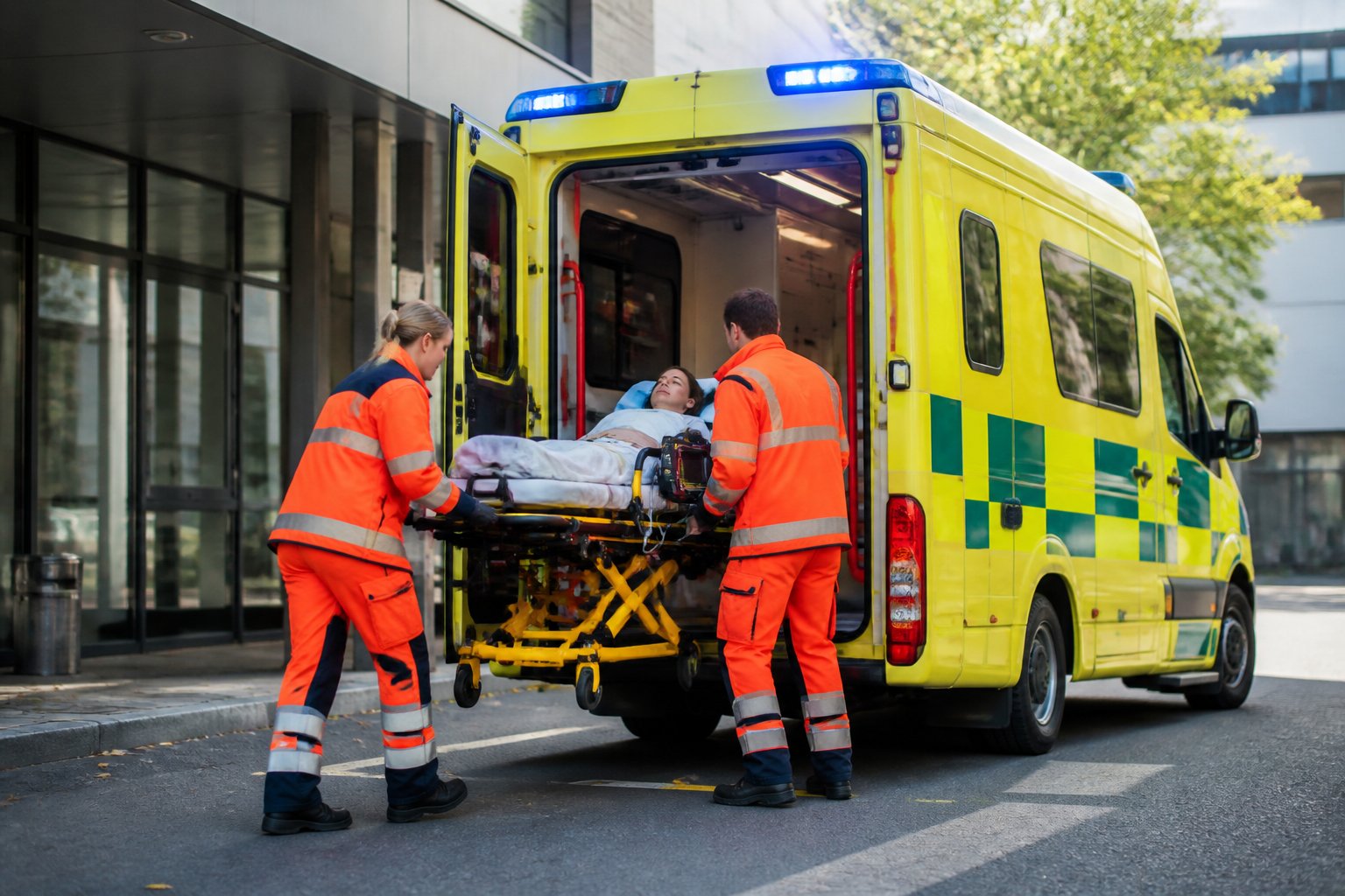 Ambulância avançada com profissionais de saúde atendendo um paciente em uma maca, em um ambiente urbano durante o dia.