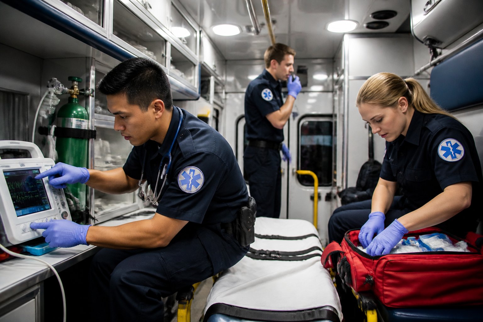 Equipe de profissionais médicos trabalhando dentro de uma ambulância americana moderna, com equipamentos médicos e colaboração entre os membros.
