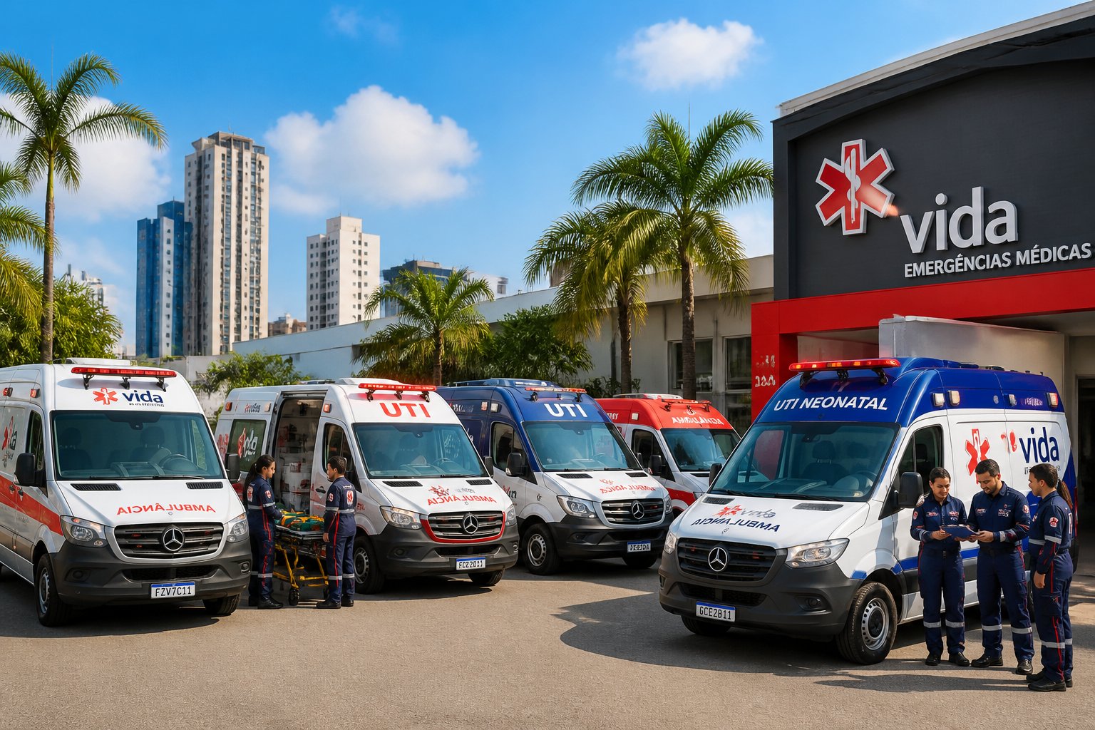 Frota de diferentes tipos de ambulâncias estacionadas em frente a uma empresa de ambulância em São Paulo, com profissionais de saúde próximos aos veículos.