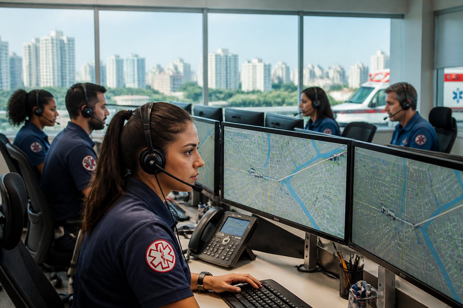 Equipe de atendimento em central de solicitação de ambulância em escritório moderno com computadores e vista da cidade de São Paulo ao fundo.