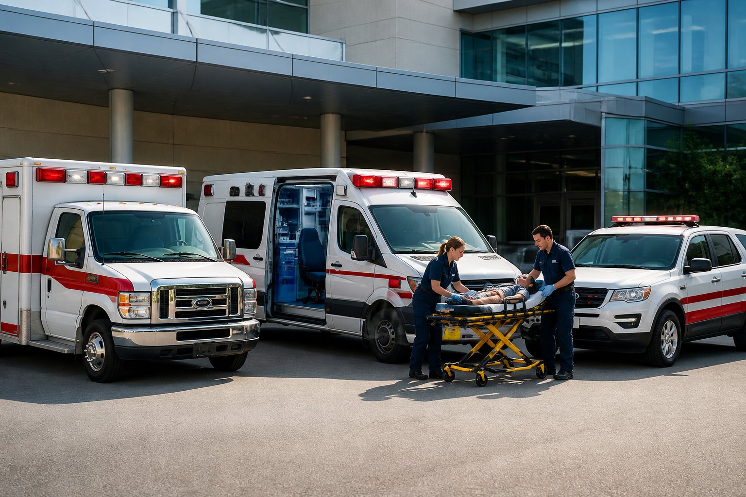 Serviço de Remoção Ambulância: Como Escolher a Melhor Opção Para Transporte Médico Seguro 1 Linha de ambulâncias diferentes estacionadas em frente a um hospital, com paramédicos atendendo um paciente em uma maca.