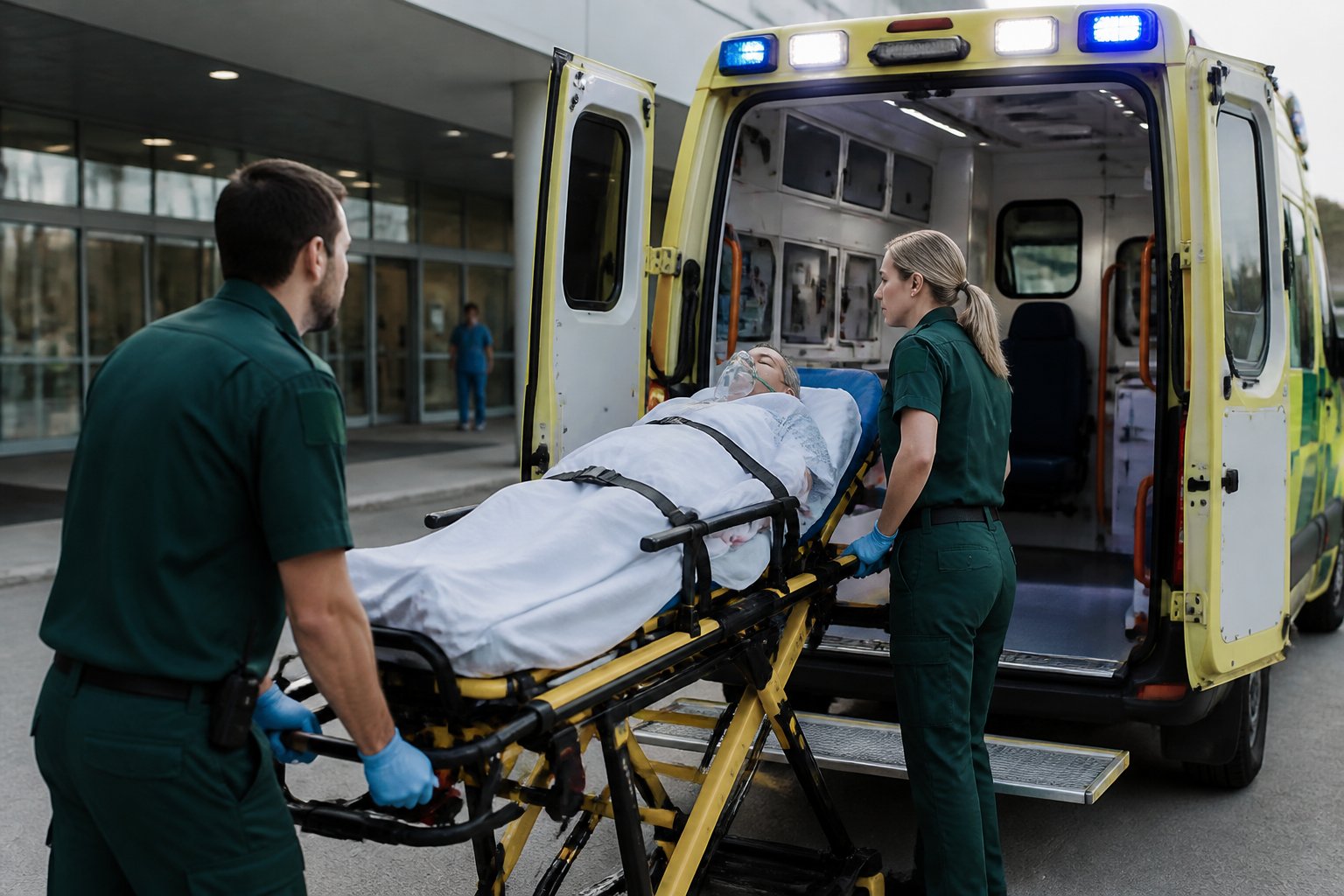 Serviço de Remoção Ambulância: Como Escolher a Melhor Opção Para Transporte Médico Seguro 2 Paramédicos carregando um paciente em uma maca para dentro de uma ambulância estacionada em frente à emergência de um hospital.