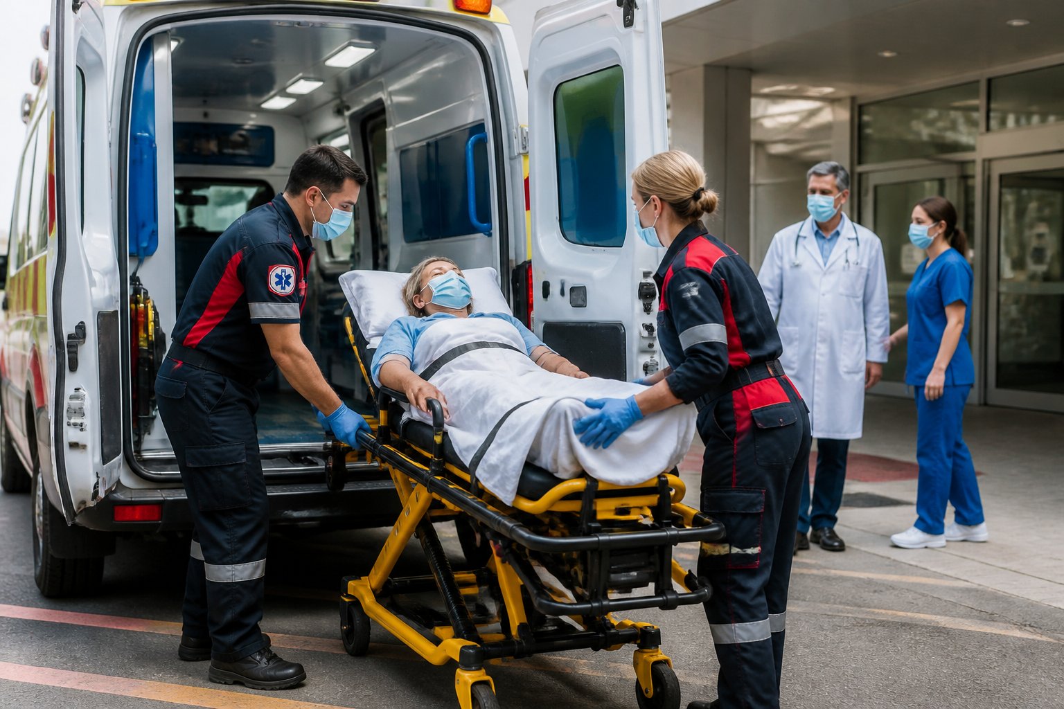 SOS Remoções: Serviço Especializado em Transporte e Mudanças de Emergência 1 Paramédicos transferindo um paciente em uma maca para uma ambulância em frente a um hospital moderno.