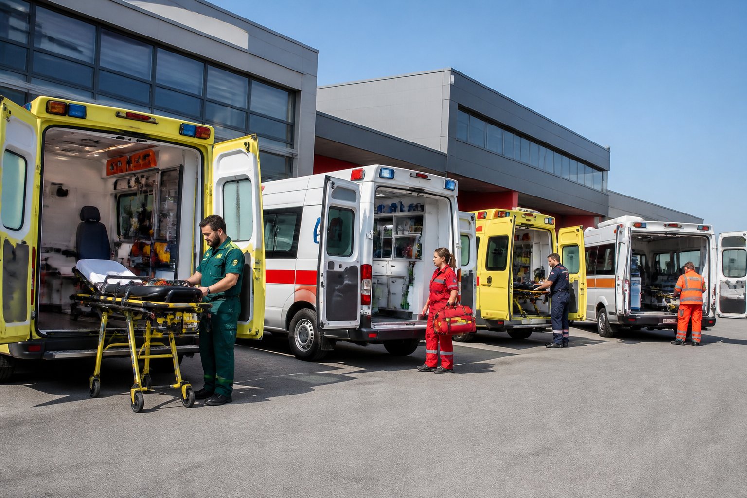 SOS Remoções: Serviço Especializado em Transporte e Mudanças de Emergência 2 Vários tipos de ambulâncias alinhadas ao ar livre com paramédicos preparando equipamentos médicos.