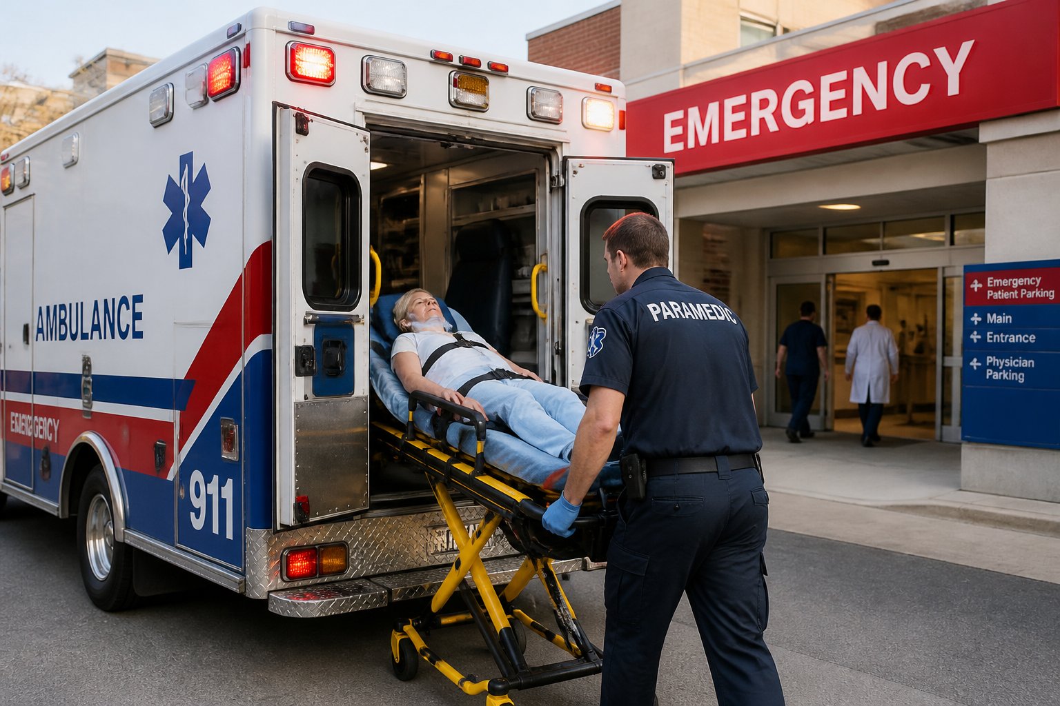 Ambulância de Aluguel: Como Contratar o Serviço com Segurança e Economia 1 Ambulância estacionada na entrada de um hospital com um paramédico auxiliando um paciente em uma maca.