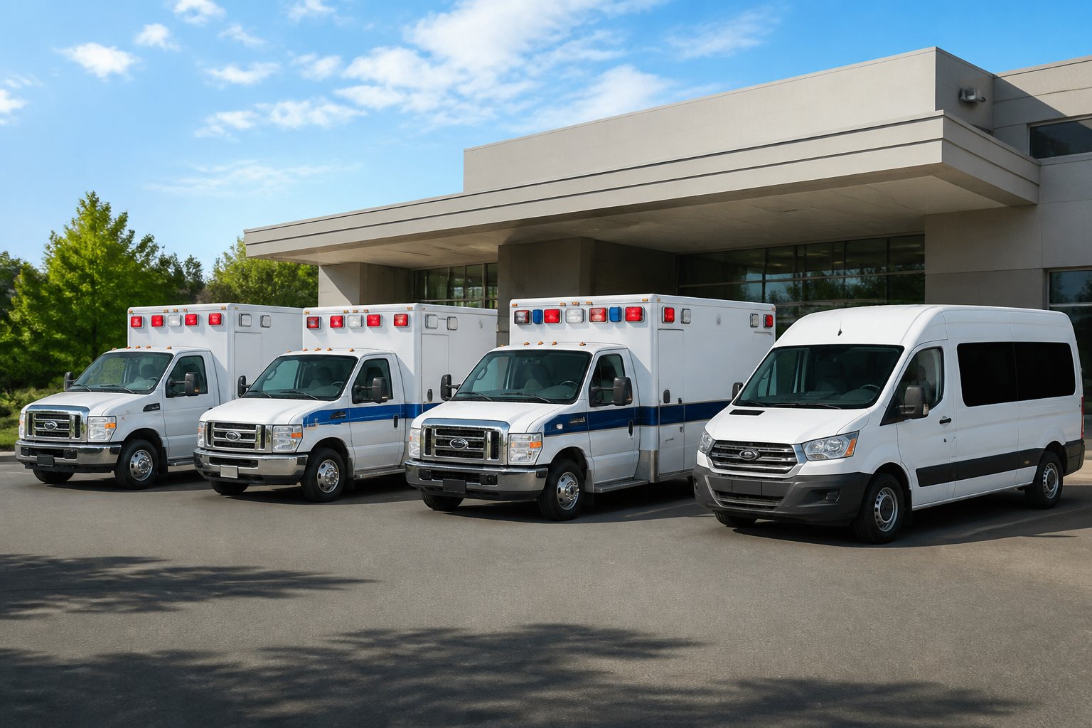 Ambulância de Aluguel: Como Contratar o Serviço com Segurança e Economia 2 Várias ambulâncias de aluguel estacionadas em frente a uma unidade médica moderna, prontas para uso.