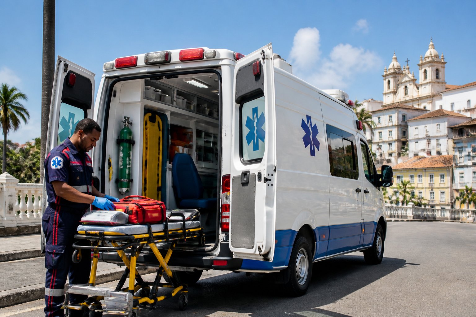 Ambulância Particular Salvador: Guia Completo de Serviços e Como Contratar Uma ambulância particular branca estacionada em uma rua urbana de Salvador, com um paramédico ao lado preparando equipamentos médicos.