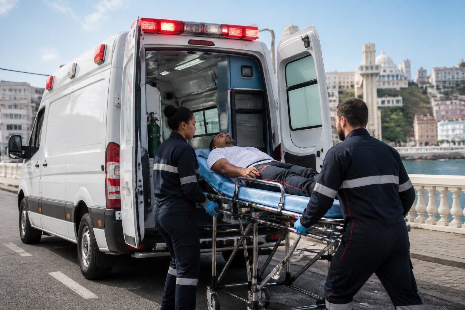 Ambulância Particular Salvador: Guia Completo de Serviços e Como Contratar Ambulância particular em Salvador chegando rapidamente a uma emergência médica com paramédicos atendendo um paciente em uma maca.