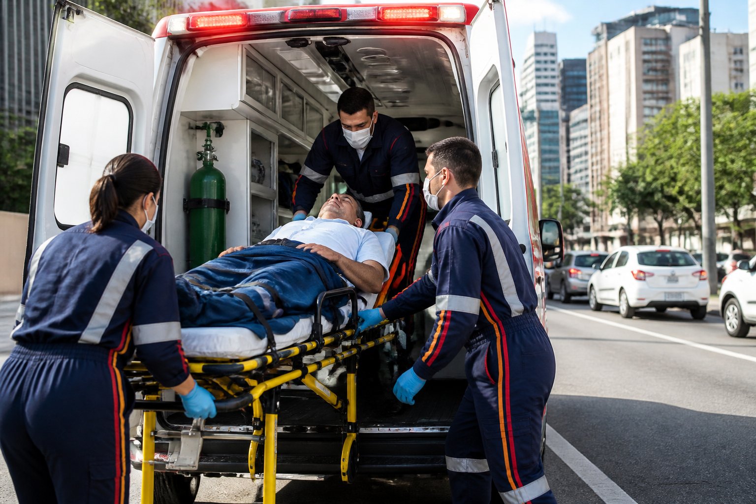 Ambulância estacionada com paramédicos atendendo um paciente em uma maca na rua durante o dia.