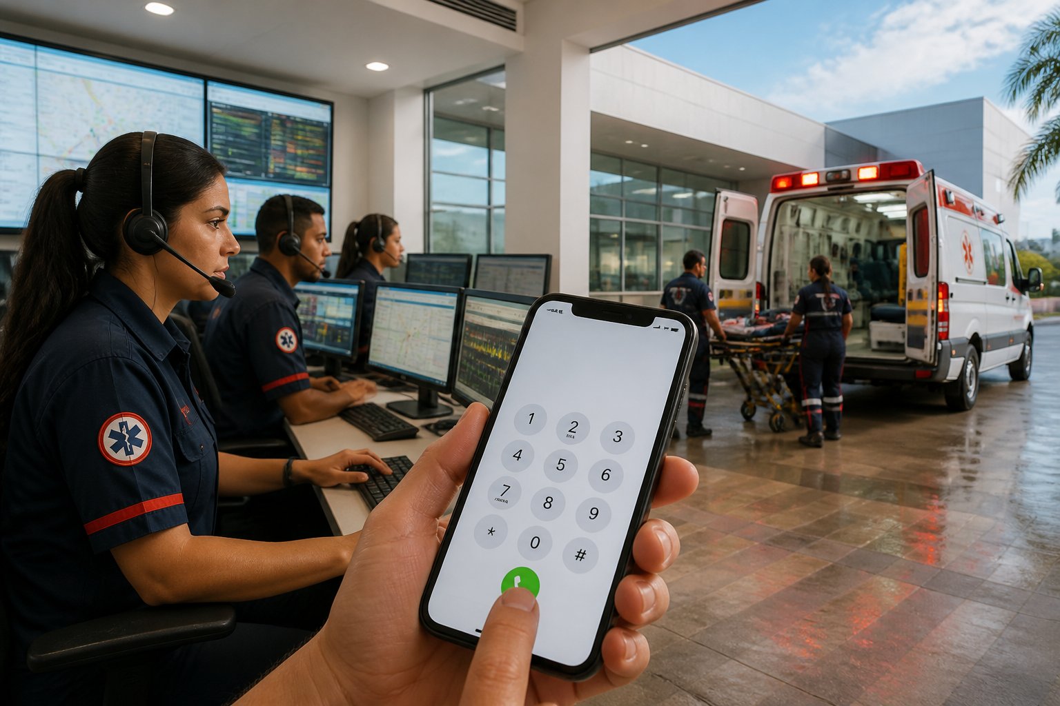 Operadores de central de emergência atendendo chamadas, com uma mão segurando um celular discando o número 192 e uma ambulância com luzes ligadas ao fundo.
