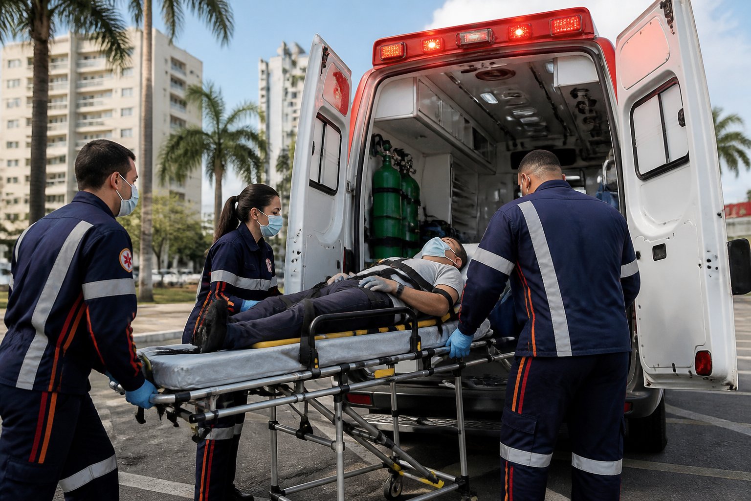 Uma ambulância de emergência brasileira com paramédicos atendendo um paciente em uma rua da cidade.