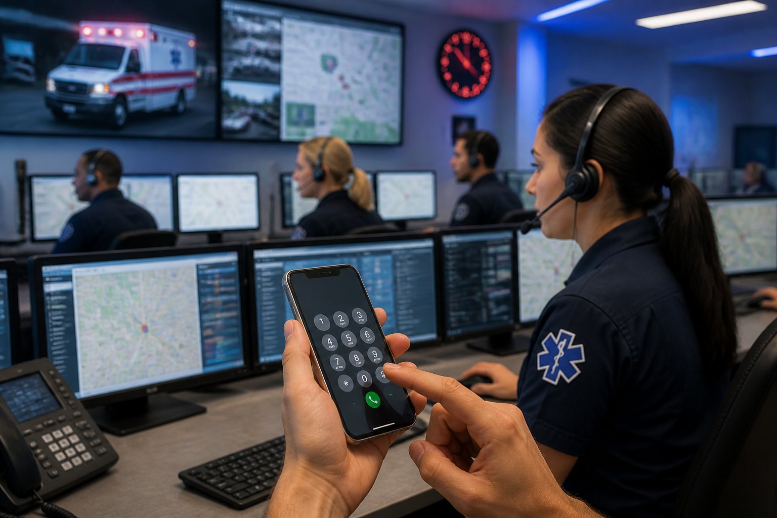 Qual Numero da Ambulância: Contatos de Emergência Médica no Brasil 1 Central de atendimento de emergência com operadores usando headsets e computadores, e uma mão discando um número de telefone em um smartphone.