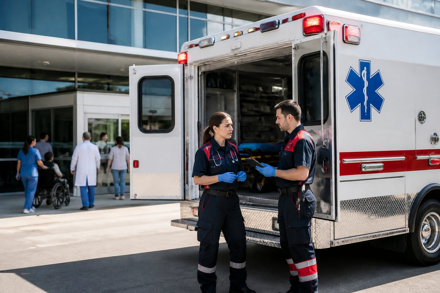 Ambulância estacionada em frente a um hospital com paramédicos conversando ao lado do veículo.