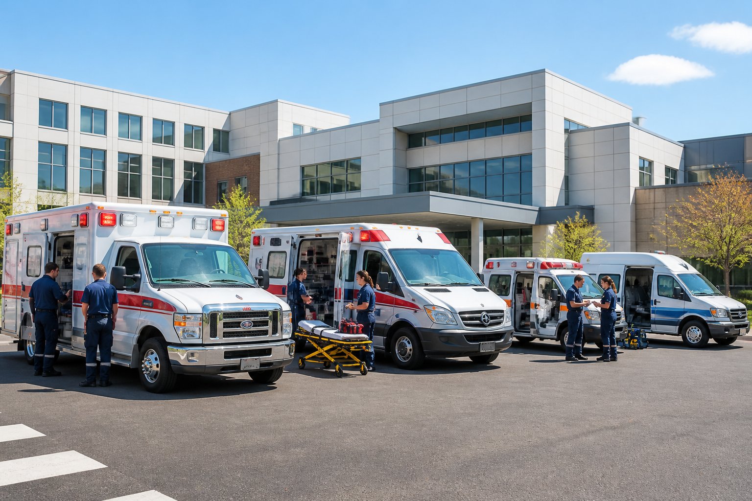 Vários tipos de ambulâncias estacionadas em frente a um hospital, com paramédicos próximos, mostrando diferentes veículos de emergência.
