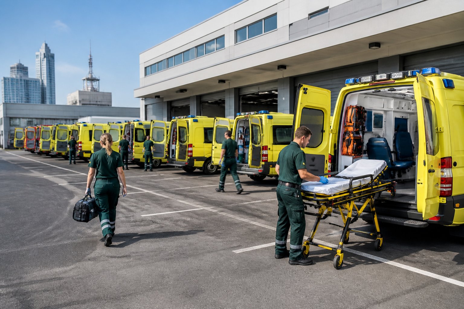 Frota de ambulâncias organizadas em uma estação de atendimento pré-hospitalar com profissionais de saúde preparando equipamentos.
