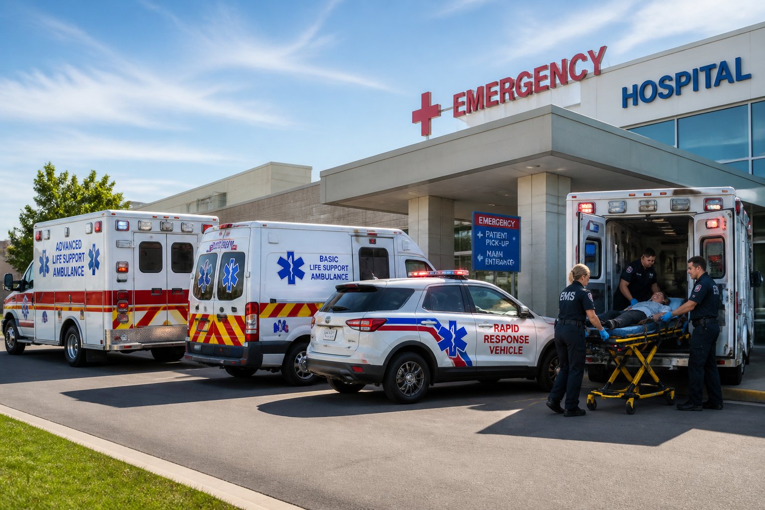 Vários tipos de ambulâncias estacionadas em frente a um hospital, com paramédicos preparando equipamentos médicos e atendendo um paciente em uma maca.