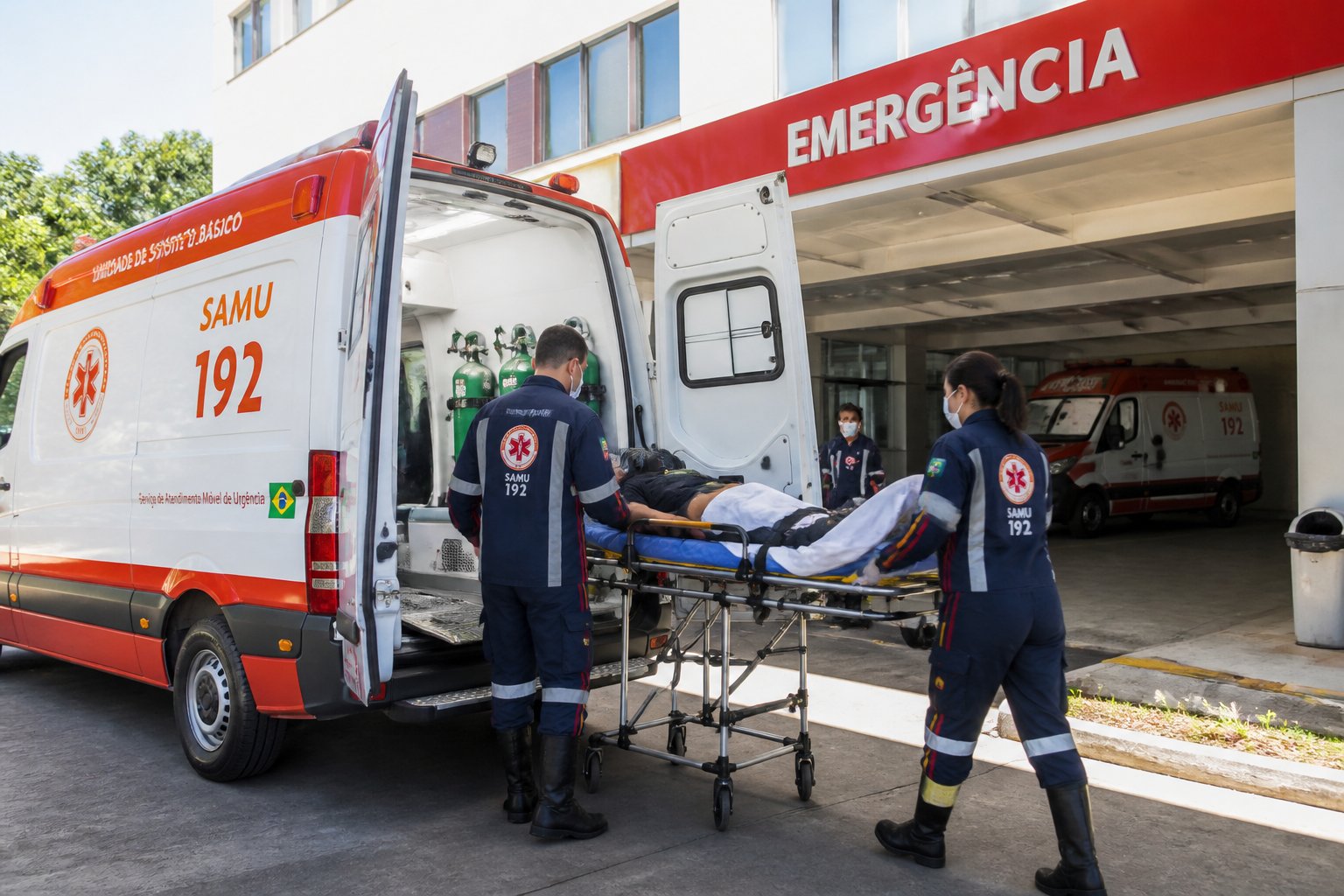 Ambulância do SUS estacionada na entrada de emergência de um hospital com profissionais de saúde atendendo um paciente em uma maca.