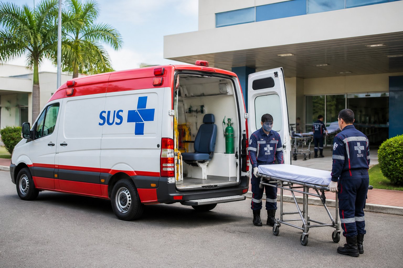 Ambulância pública do SUS estacionada em frente a um hospital com paramédicos ao redor, preparando equipamentos médicos.