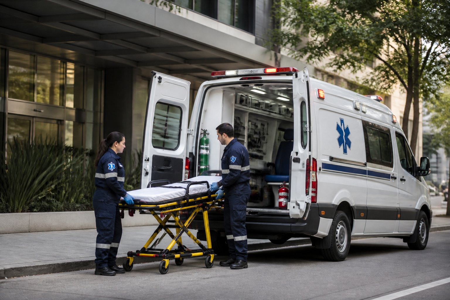 Uma ambulância particular estacionada em uma rua urbana de Belo Horizonte com profissionais de saúde ao redor, prontos para atendimento.