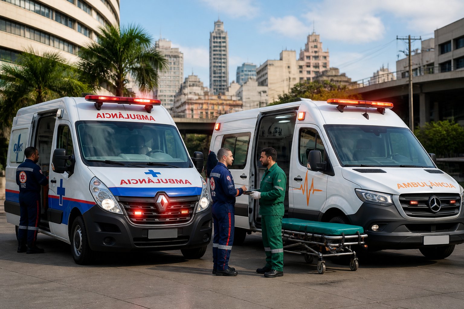 Duas ambulâncias, uma pública e outra particular, paradas lado a lado em uma rua urbana de Belo Horizonte, com paramédicos próximos a elas.