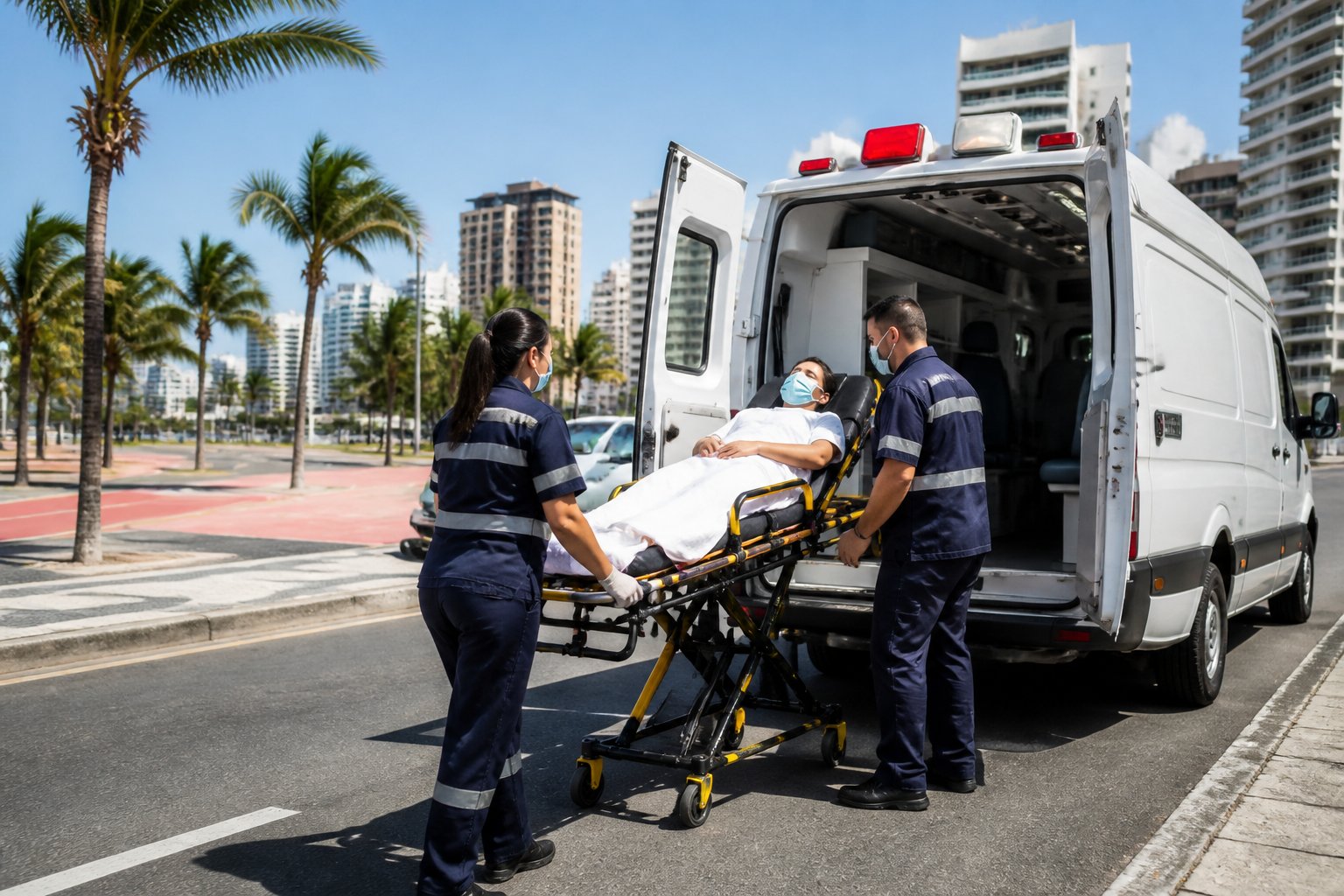 Ambulância Particular em Fortaleza: Serviços de Transporte Médico Privado na Capital Cearense Ambulância particular estacionada em rua urbana de Fortaleza com paramédicos atendendo um paciente em uma maca.