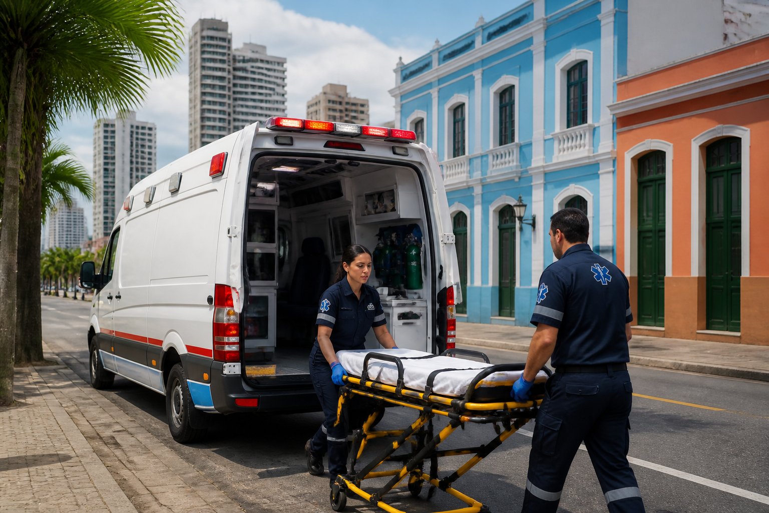 Ambulância Particular em Fortaleza: Serviços de Transporte Médico Privado na Capital Cearense Ambulância particular estacionada em rua urbana de Fortaleza com paramédicos preparando equipamentos médicos.