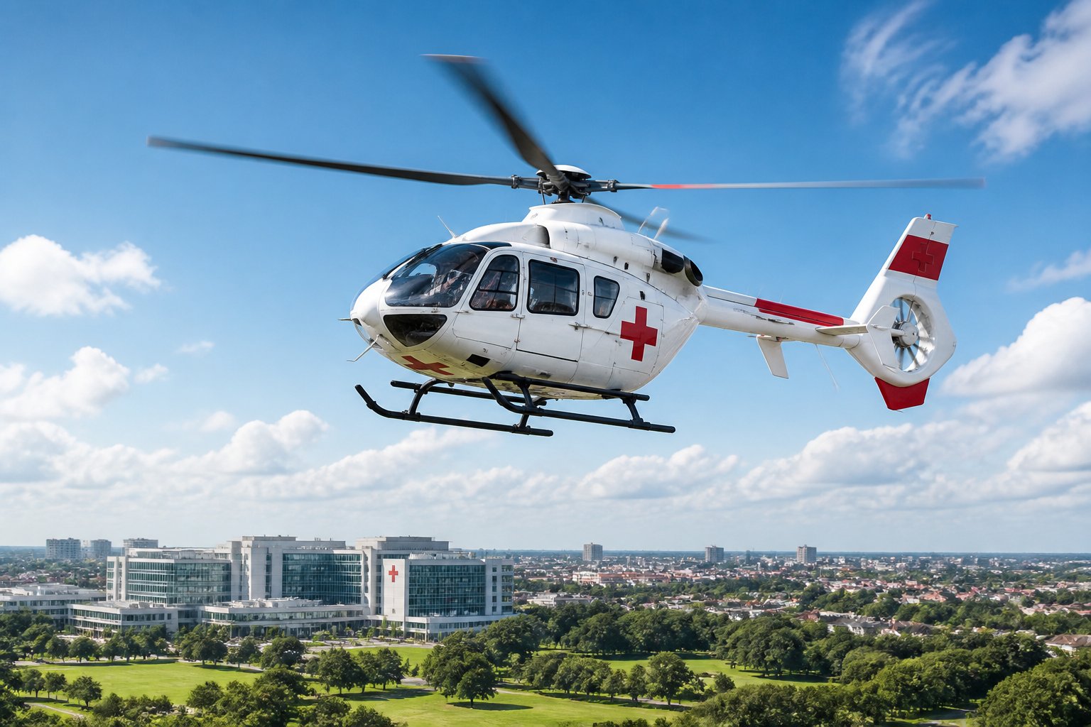 Helicóptero de ambulância aérea voando sobre uma paisagem com hospital ao fundo.