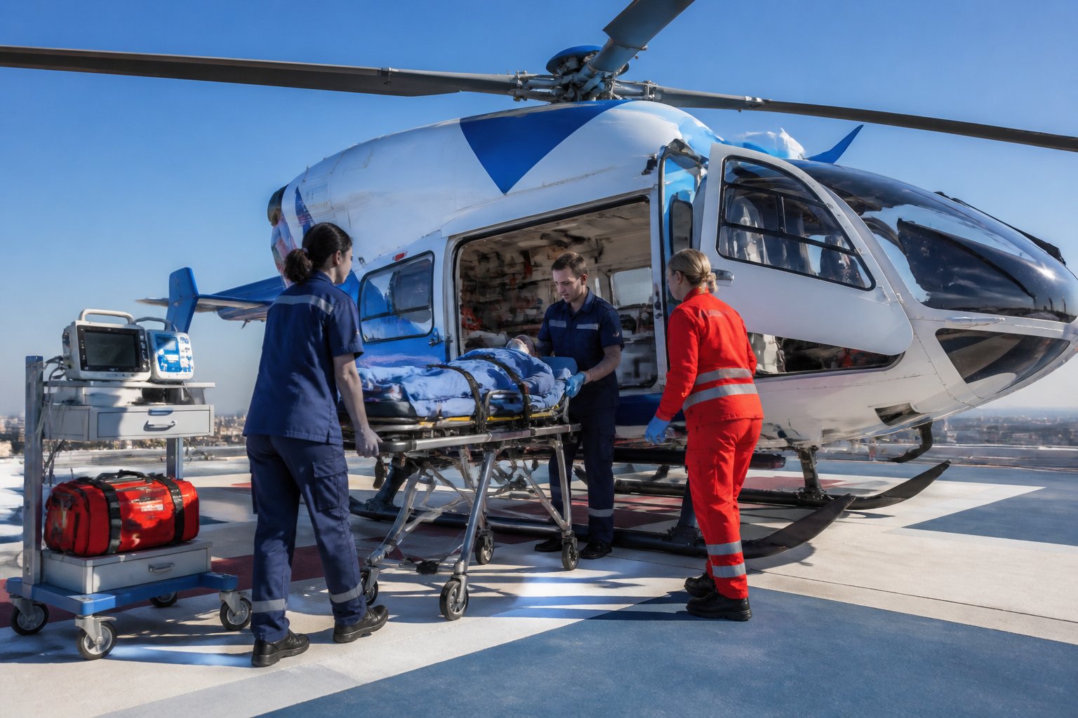 Equipe médica carregando paciente em maca para um helicóptero de transporte aeromédico em um heliponto.