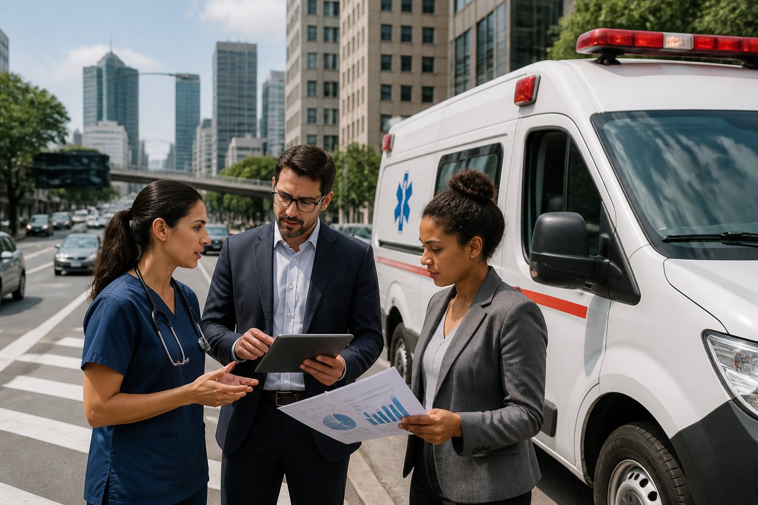 Ambulância estacionada em uma rua movimentada de São Paulo com profissionais discutindo próximos a ela.