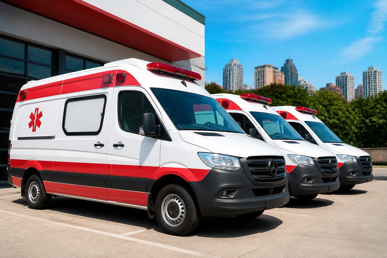 Frota de ambulâncias modernas estacionadas em fila em frente a um centro médico em São Paulo.