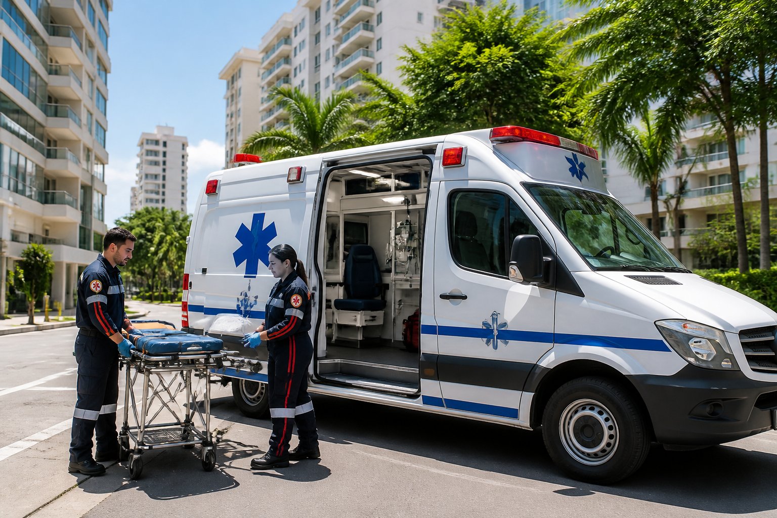 Uma ambulância privada estacionada em uma rua urbana de Sorocaba, com paramédicos preparando equipamentos médicos ao lado do veículo.